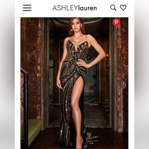 Ashley Lauren 11236 Long Fitted V Neck Slit Beaded Des’s
